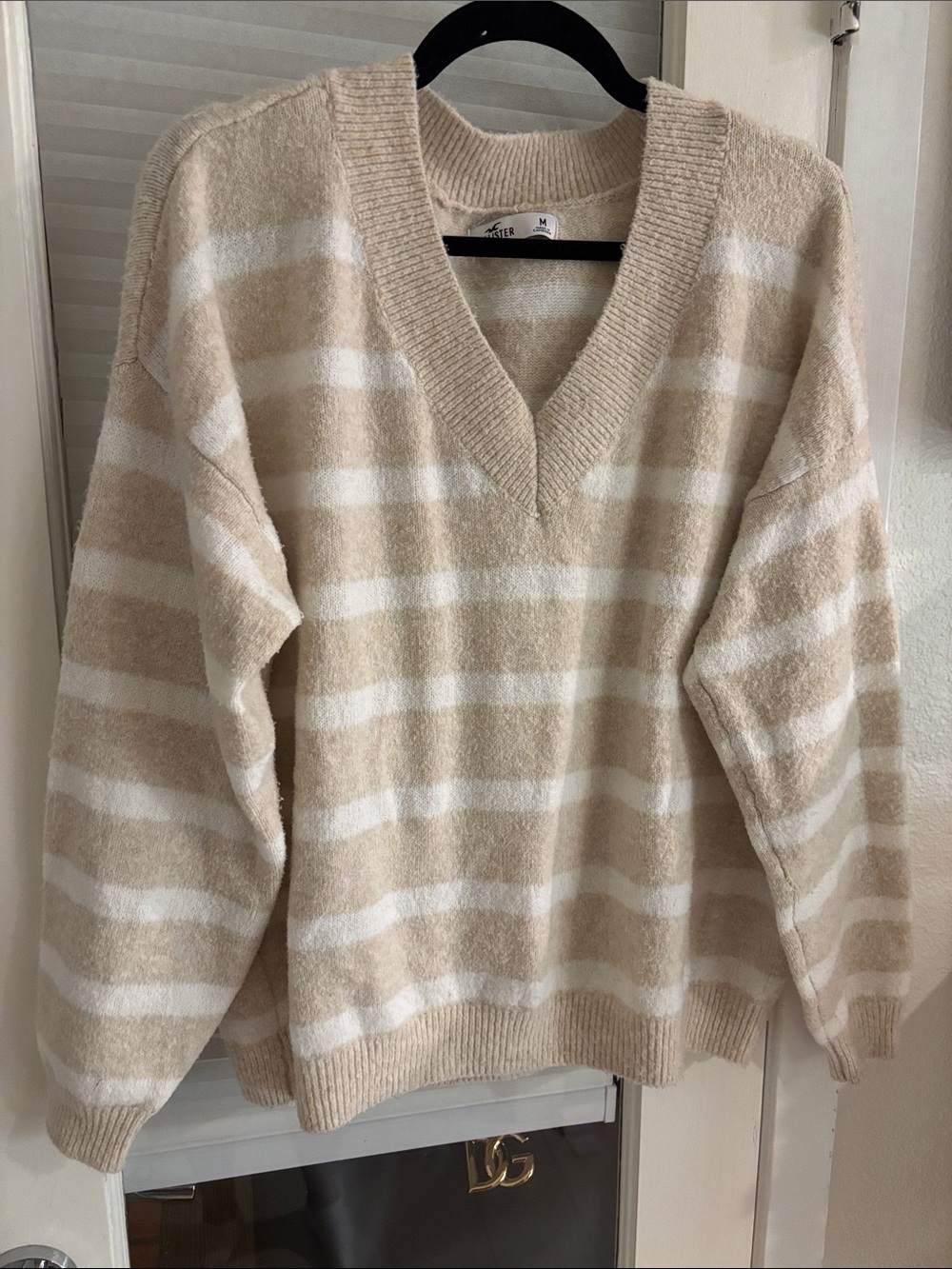 Hollister Beige and White Striped V-Neck Sweater